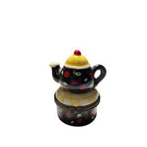 Rare Black Polka Dot Hinged Teapot Trinket Box